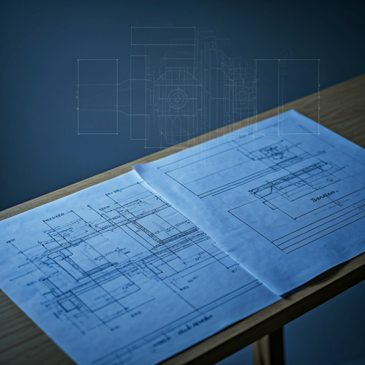 Blueprints and engineering schematics on a drafting table