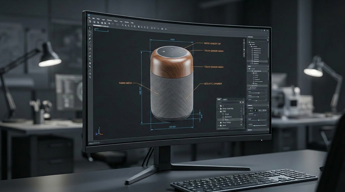 Engineering CAD model showing detailed product geometry and design surfaces